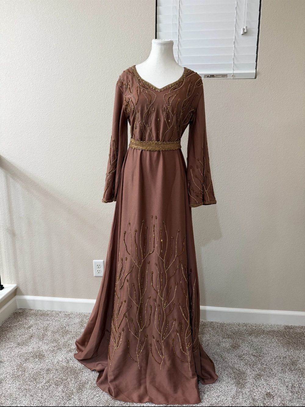 Brown Embroidered Long Sleeve kaftan Maxi Dress